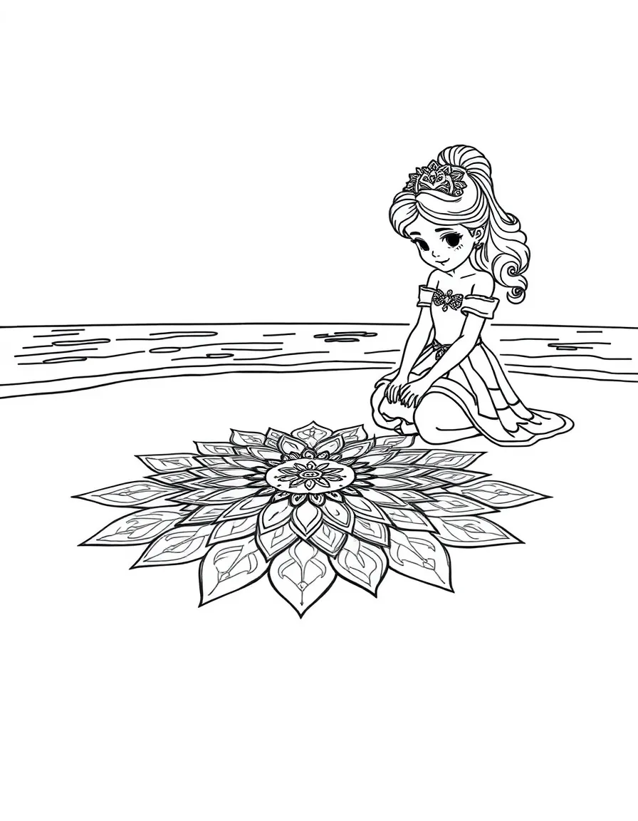 A princess creating a beautiful sand mandala on a calm beach.