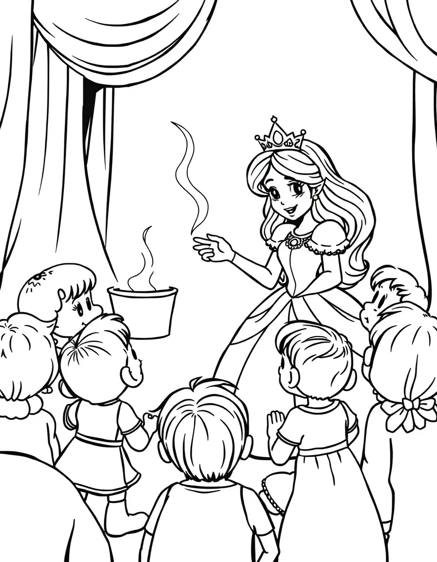 A princess performing a magic trick for a delighted audience of children.