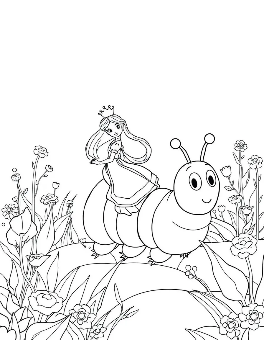 A princess riding a friendly giant caterpillar through a giant garden.
