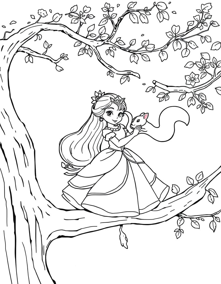 A princess with a pet flying squirrel, gliding from tree to tree.