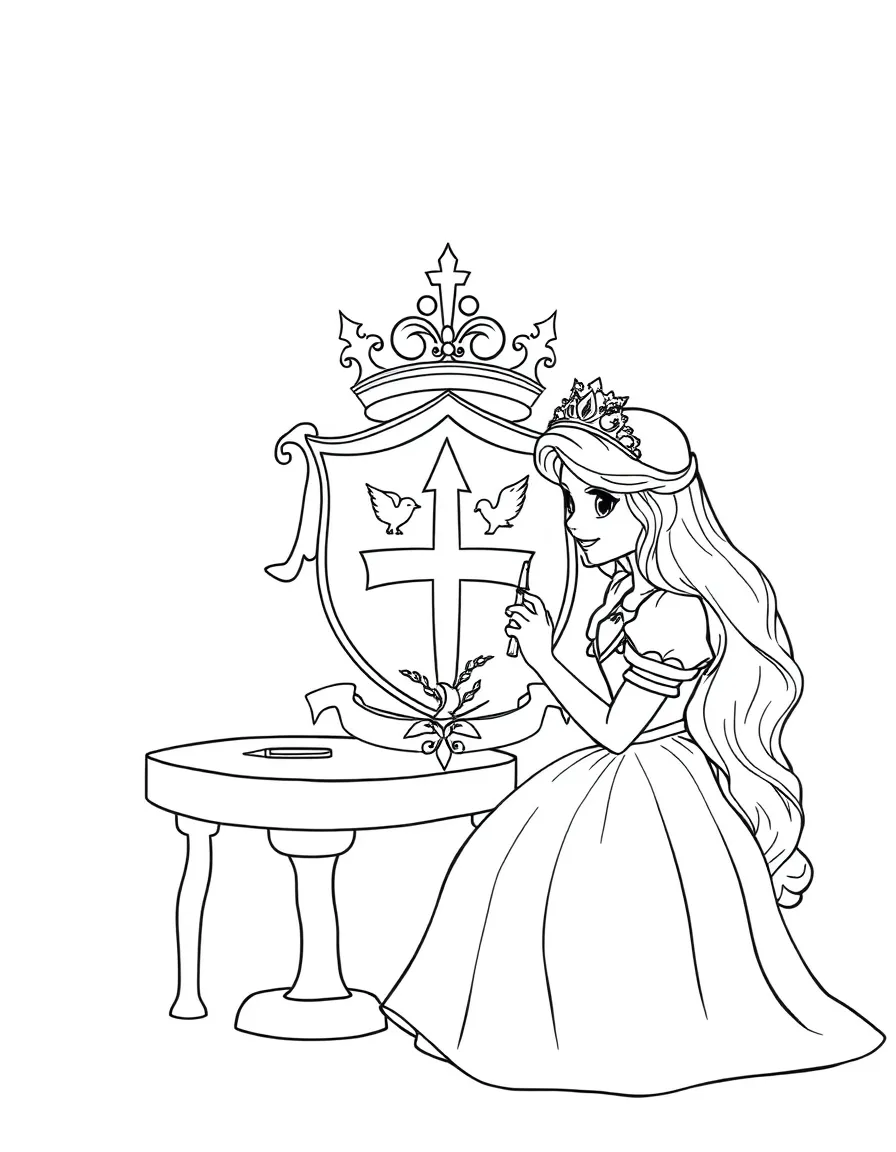 A princess designing a new crest for her kingdom, with symbols of peace and joy.