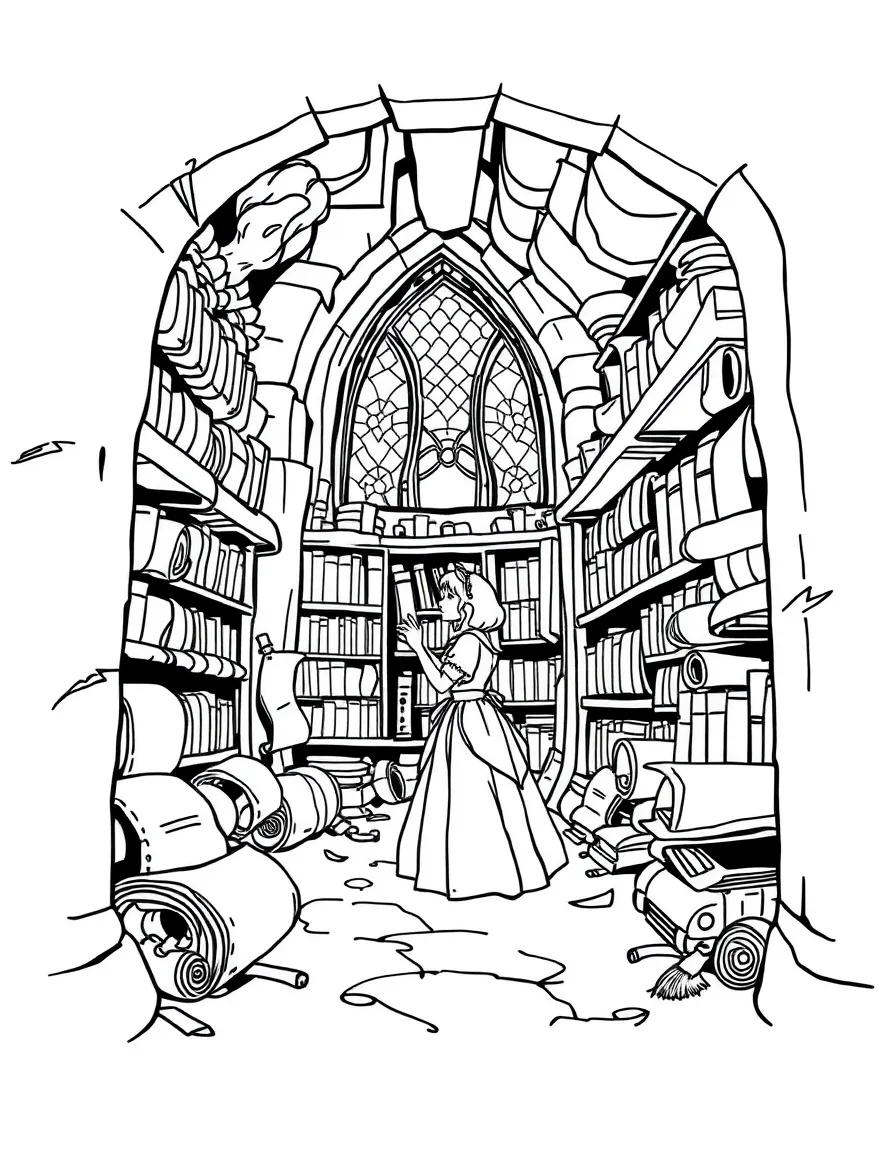 A princess exploring an ancient library filled with scrolls and forgotten tales.