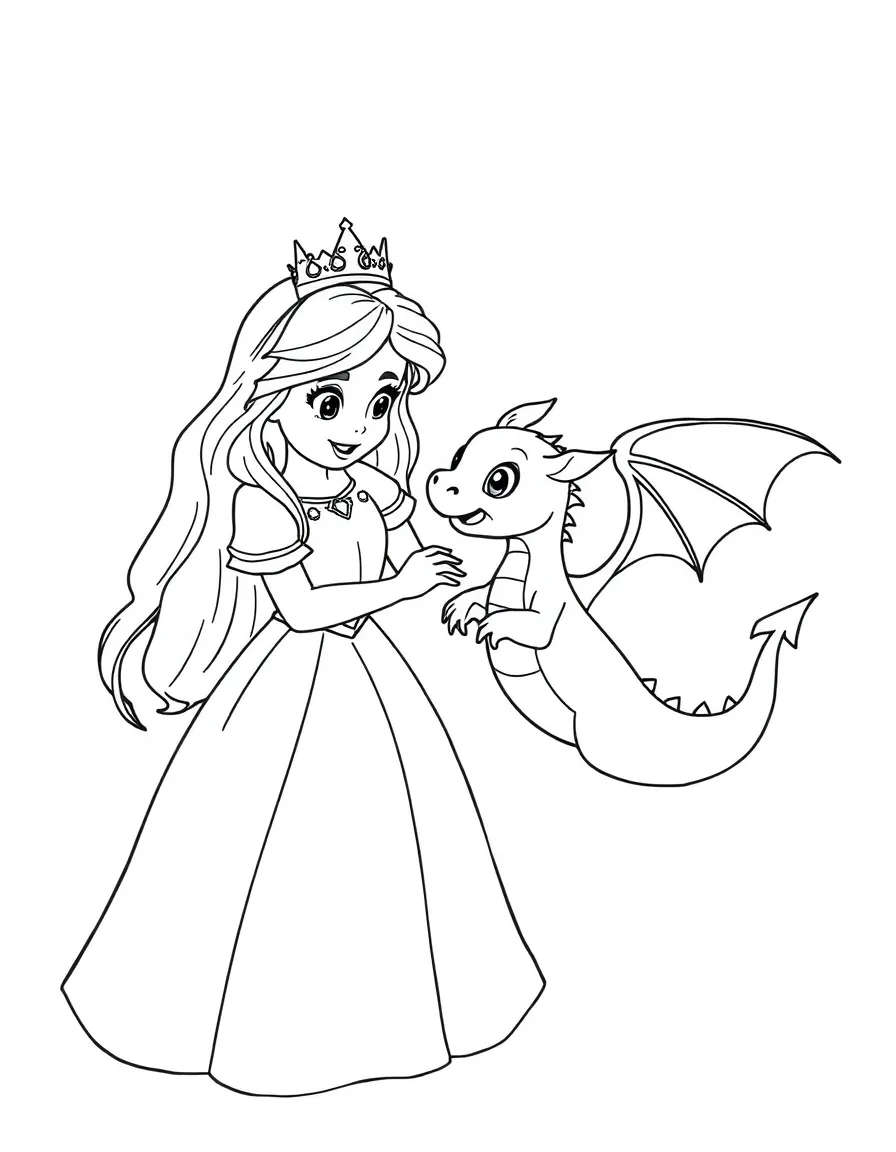 A princess teaching a baby dragon how to fly, gently guiding it.
