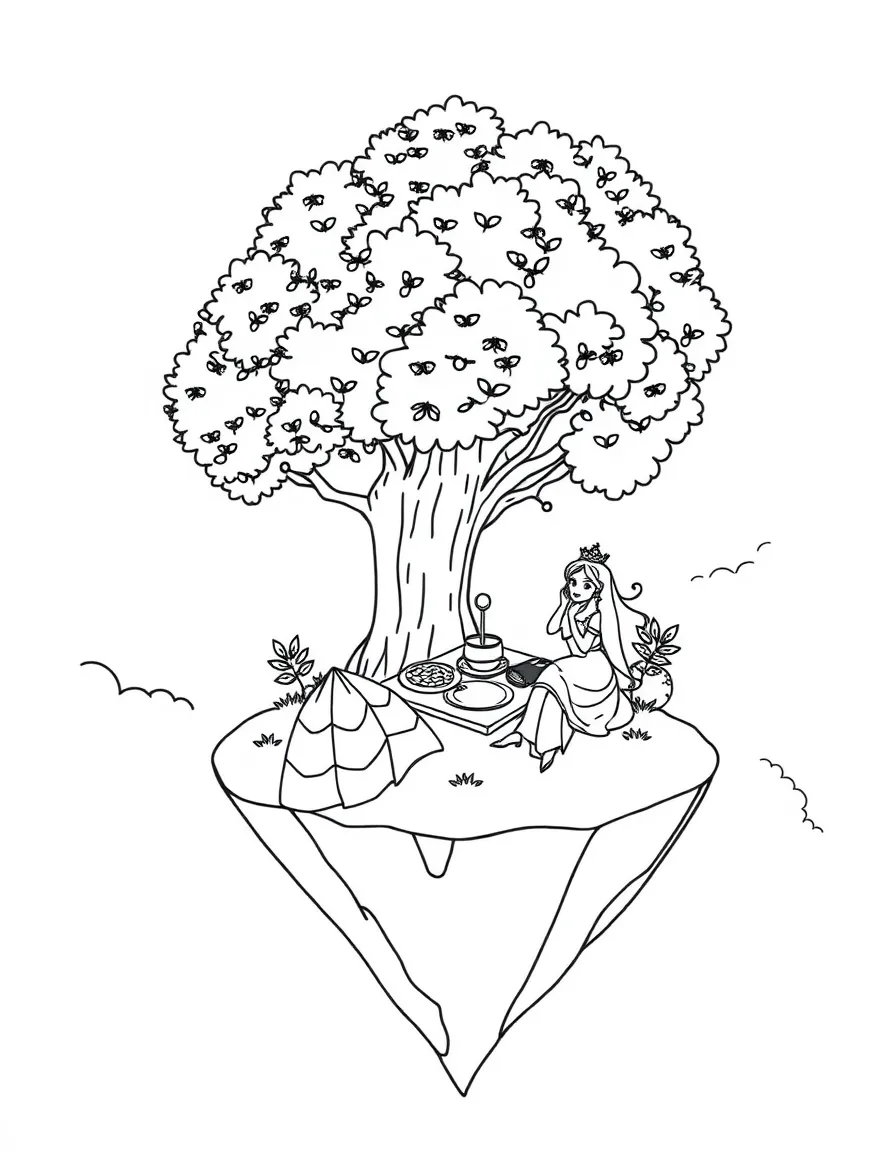 A princess having a picnic on a floating island in the sky.