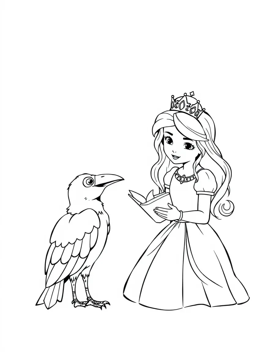 A princess with a pet talking raven, listening to its stories.
