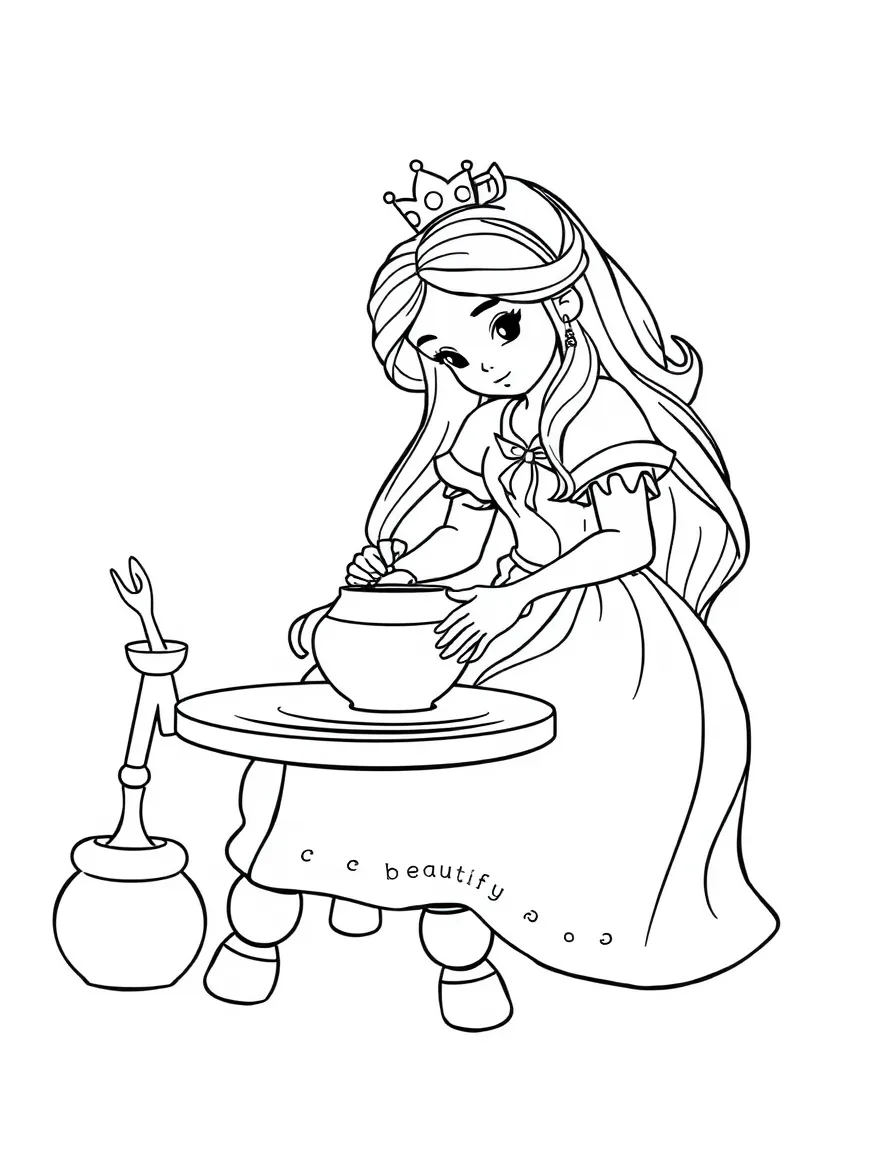 A princess making beautiful pottery on a spinning wheel.