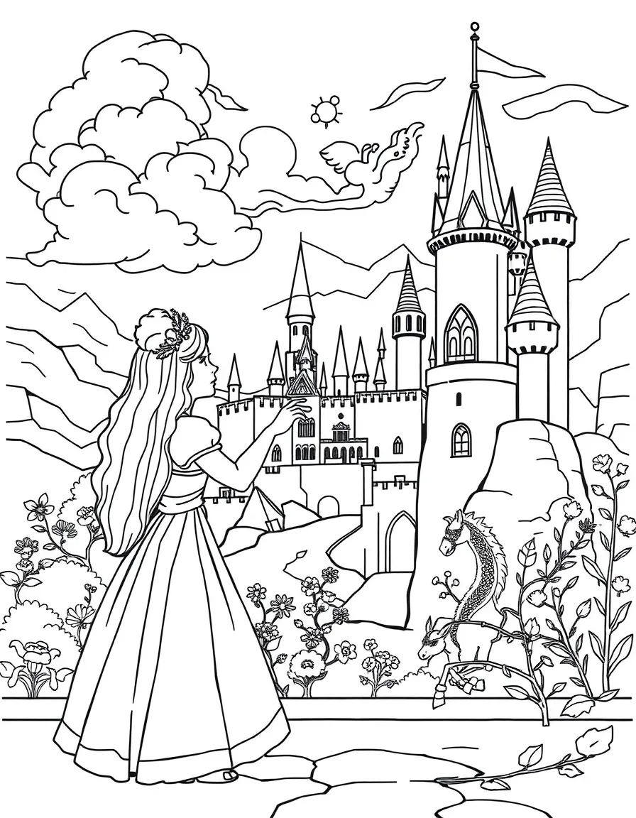 A princess creating a large mural on a castle wall, depicting her kingdom.
