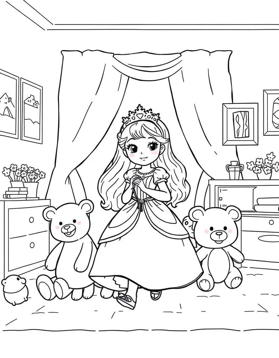A princess leading a parade of adorable stuffed animals through her room.