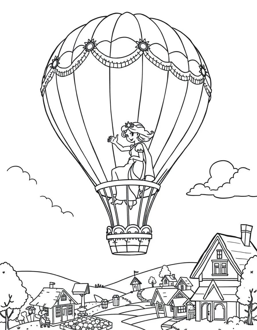 A princess in a majestic hot air balloon, waving to villagers below.