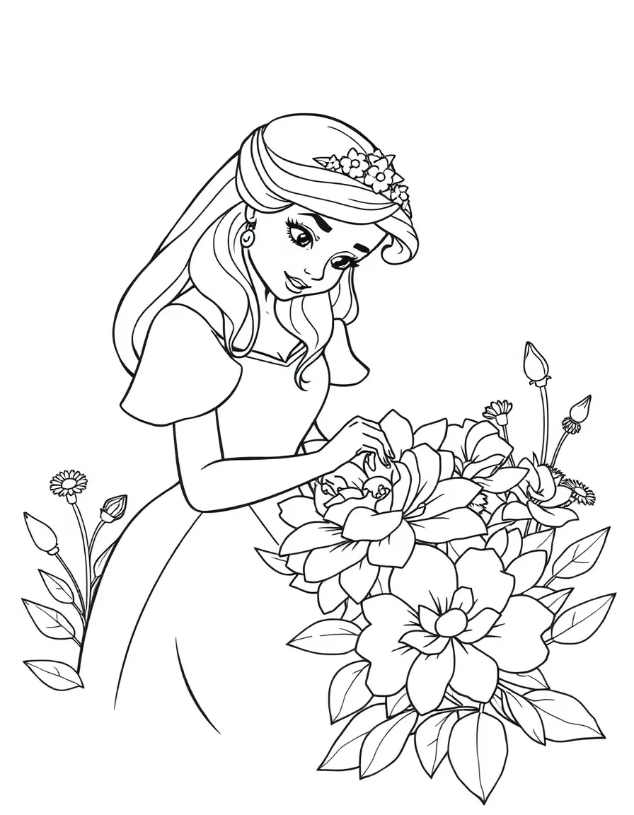 A princess making a beautiful, intricate flower arrangement.