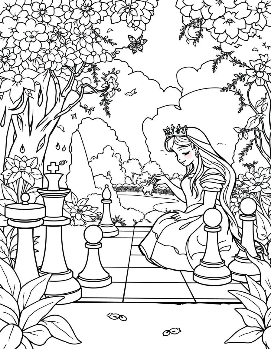 A princess playing a game of giant chess in a royal garden.