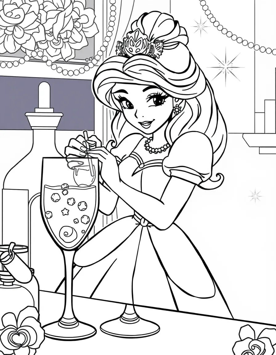 A princess making a delicious, sparkling mocktail for a party.