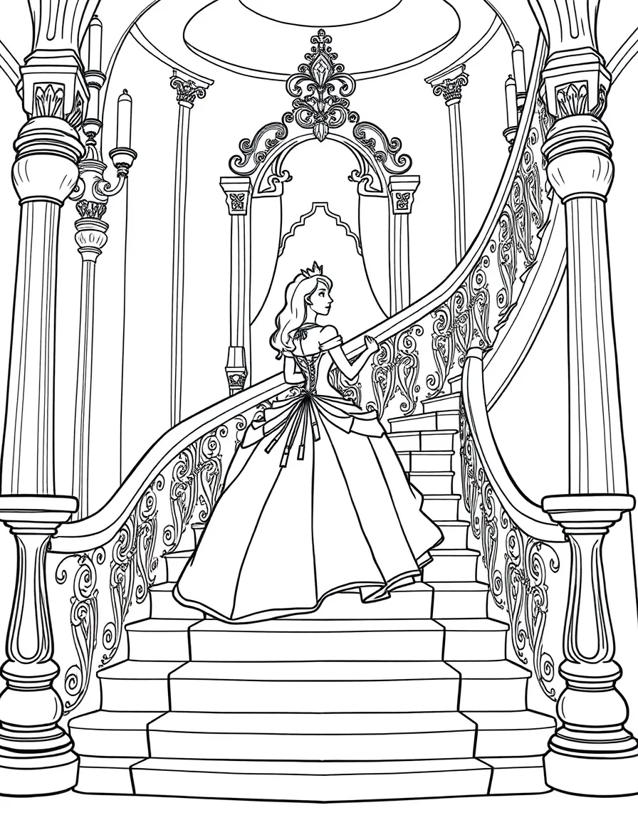 A princess on a grand staircase, gracefully descending to a ball.