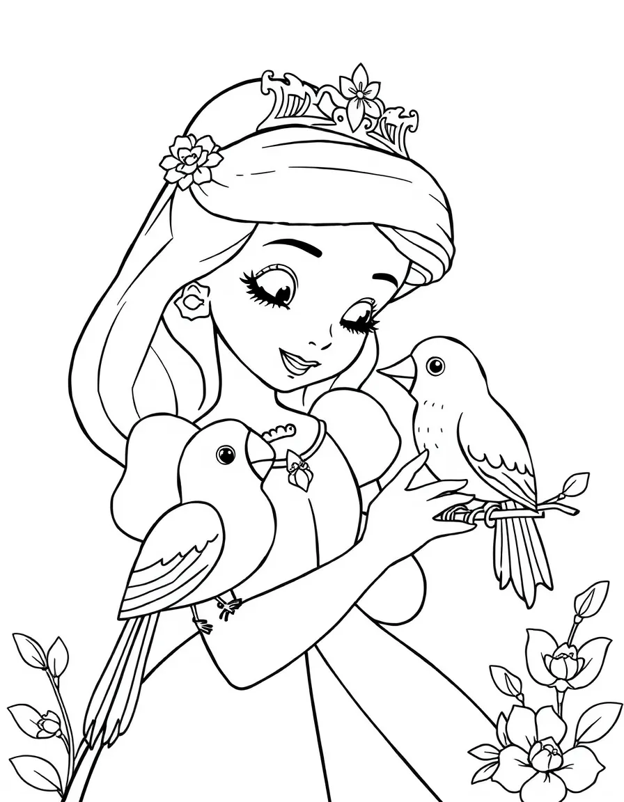 A princess with a pet singing bird, listening to its melody.