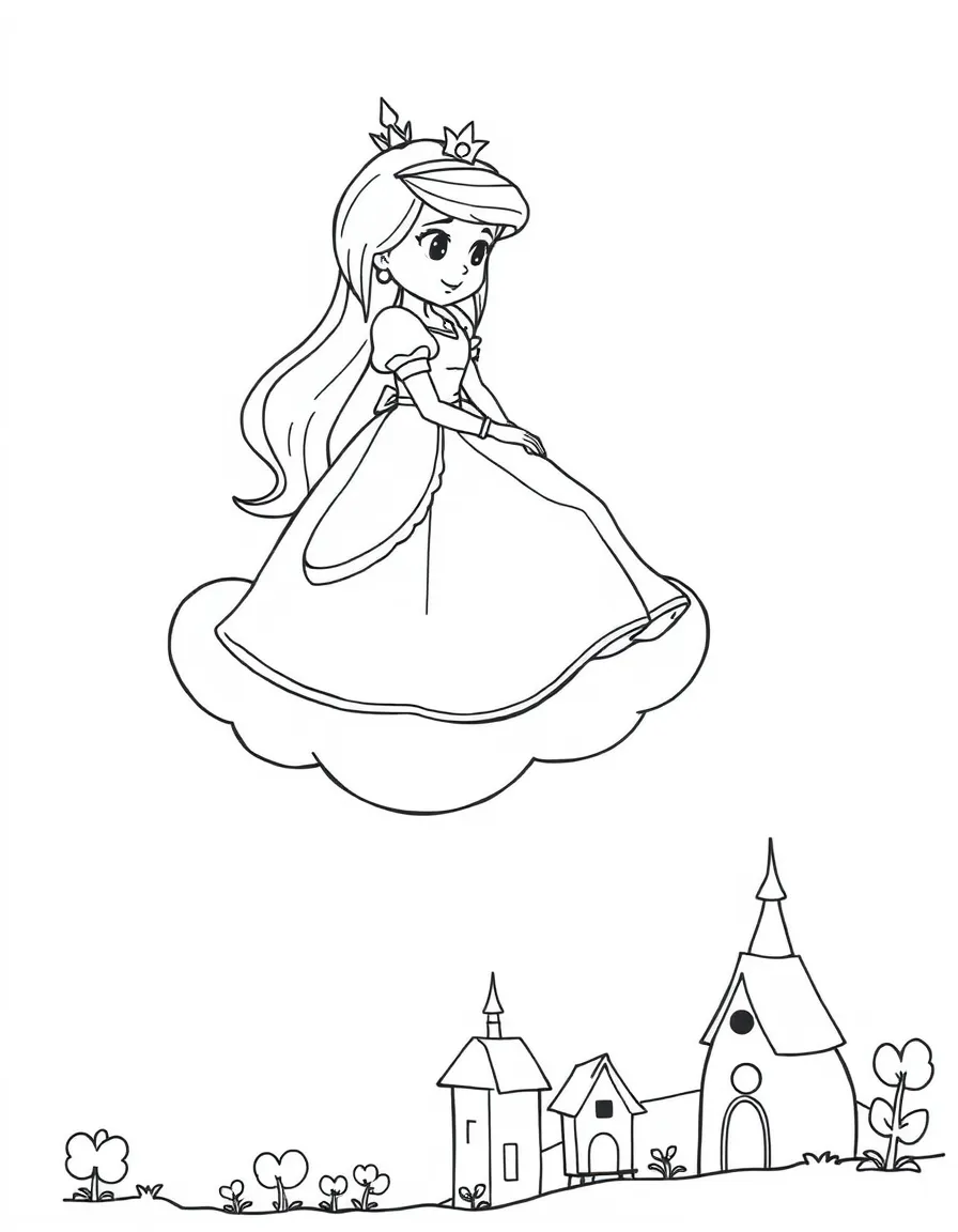 A princess on a friendly cloud, looking down at a sleeping village.