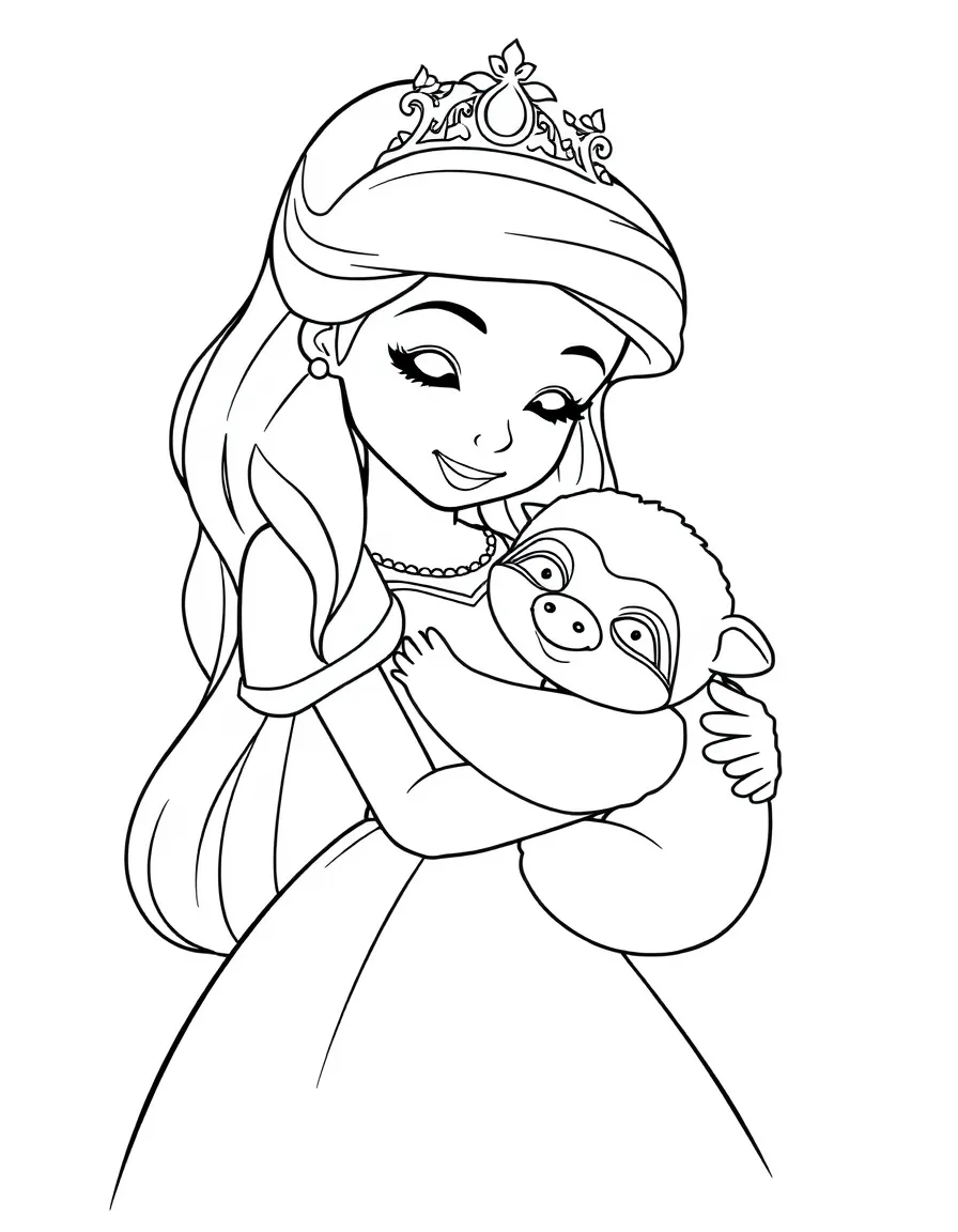 A princess with a pet baby sloth, giving it a gentle hug.