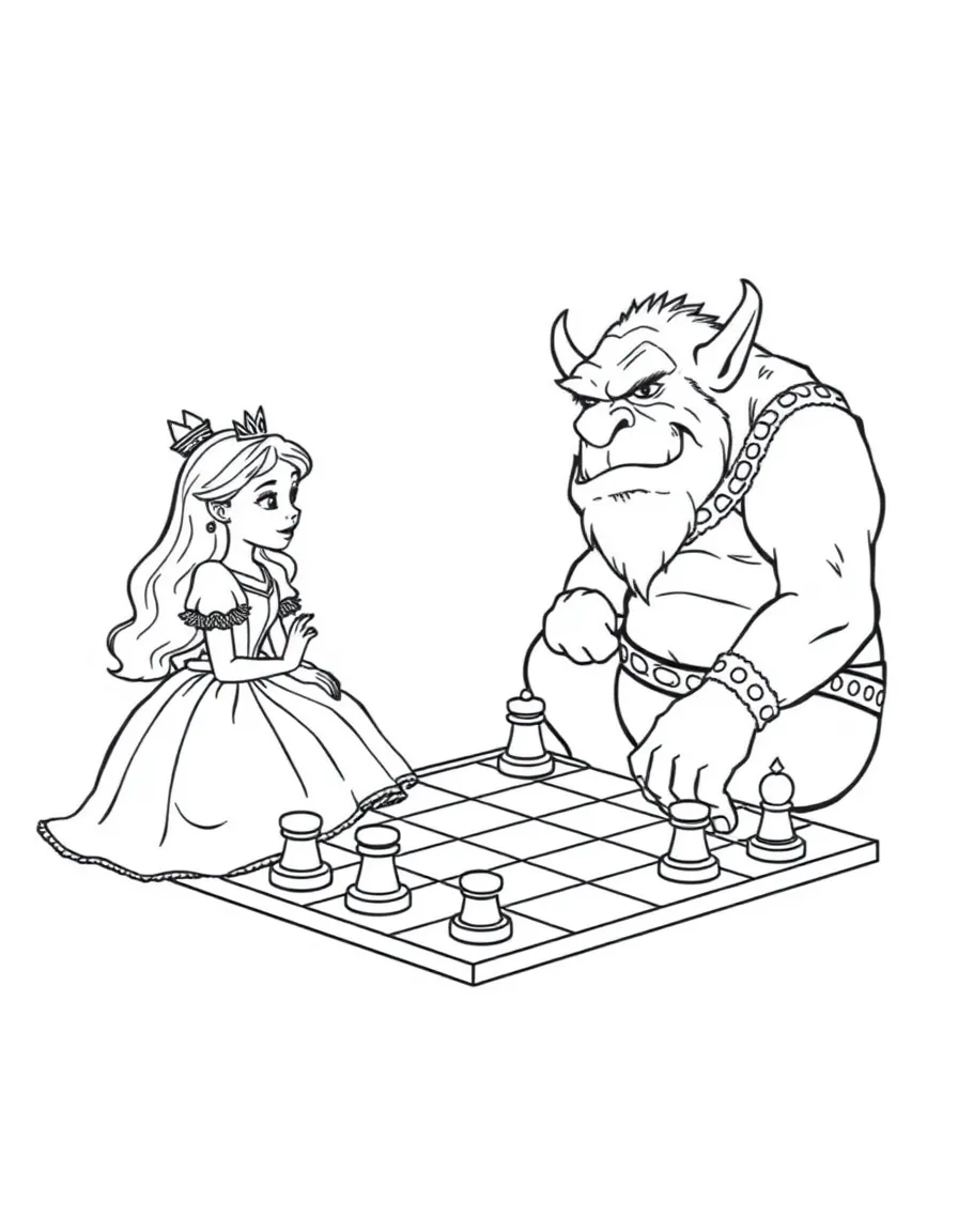 A princess playing a game of giant checkers with a friendly ogre.