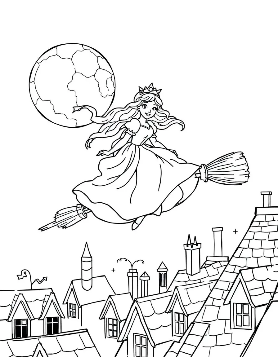 A princess on a flying broomstick, soaring over moonlit rooftops.