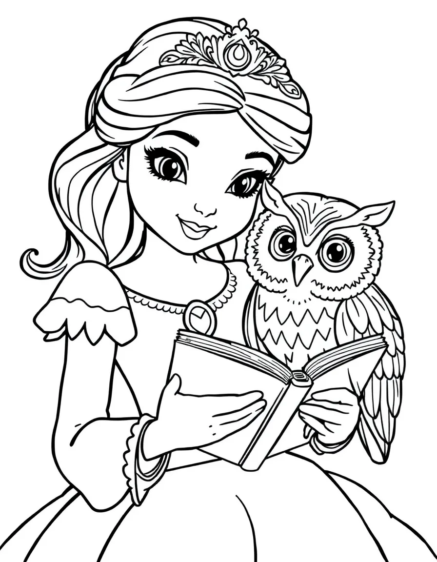 A princess with a pet wise owl, reading a book together.