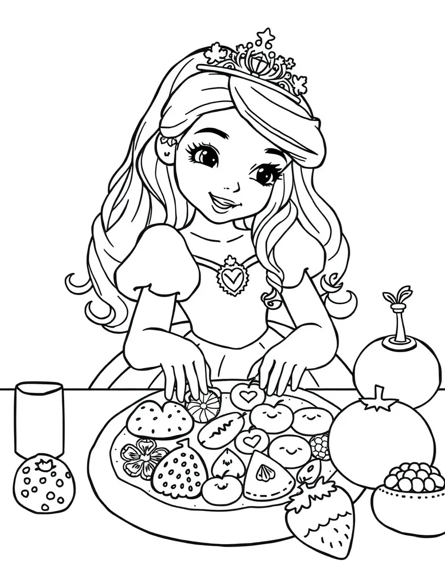 A princess making a delicious, colorful fruit pizza.