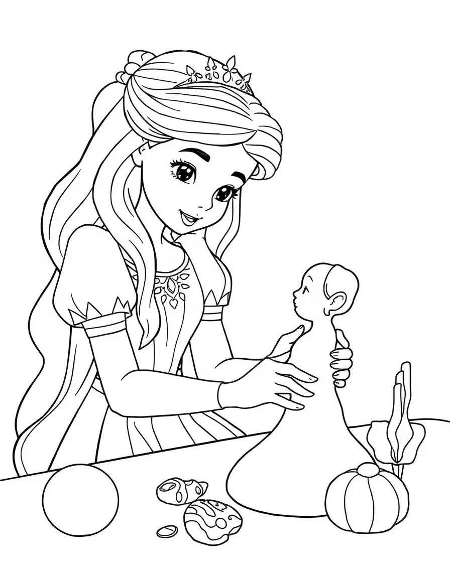 A princess making a beautiful, sculpted clay figure.