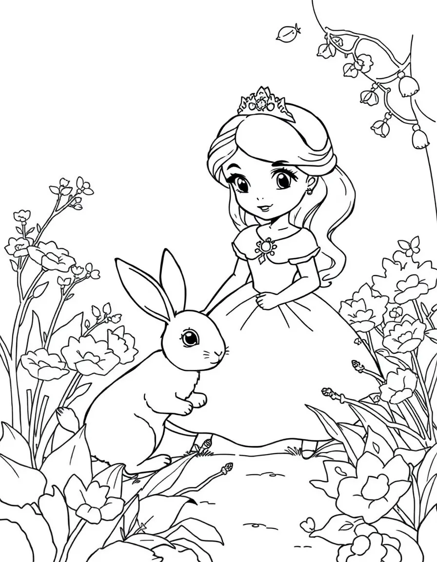 A princess with a pet curious rabbit, exploring a garden.