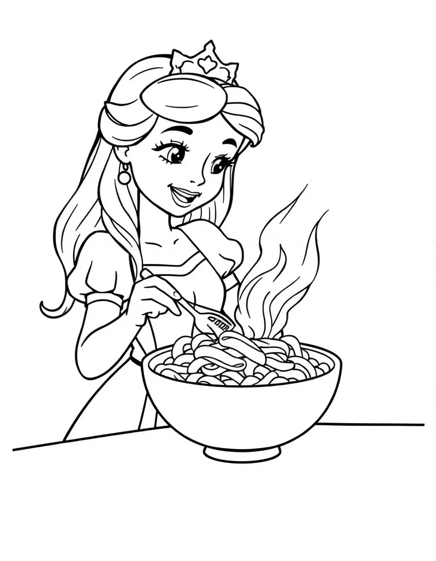 A princess making a delicious, warm bowl of pasta with cheese.