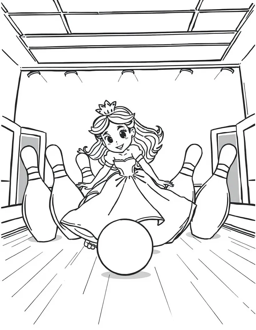 A princess playing a game of giant bowling, knocking down pins.