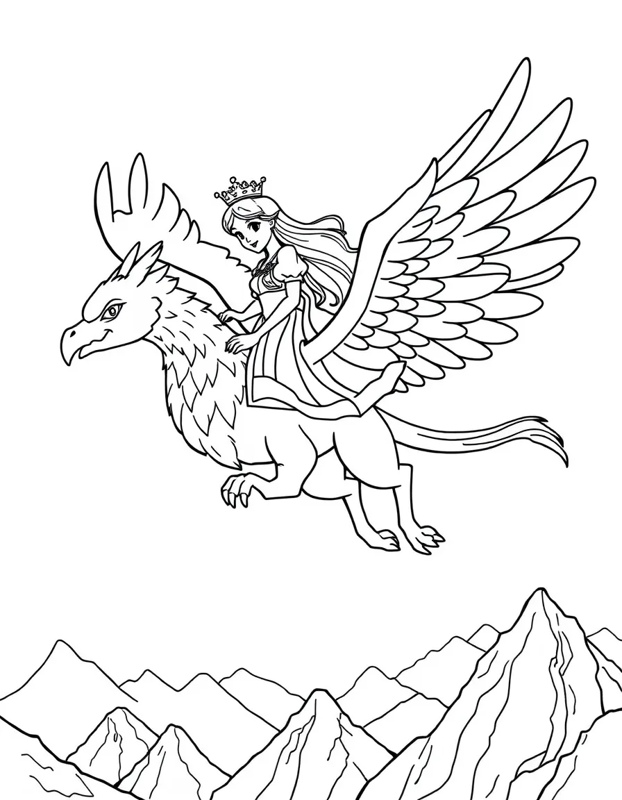 A princess on a friendly griffin, flying high above mountains.
