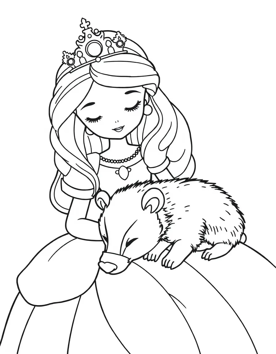 A princess with a pet sleepy badger, napping beside her.