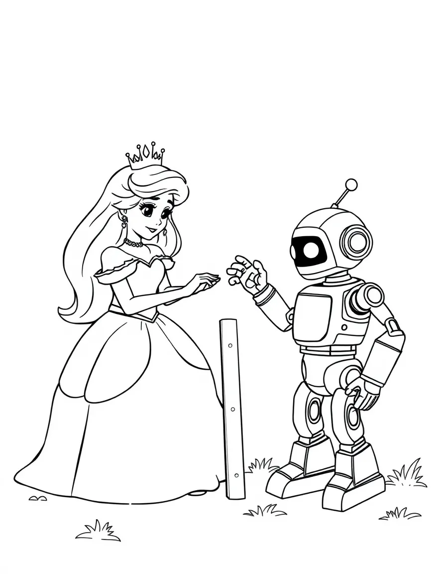 A princess playing a game of giant tic-tac-toe with a robot.