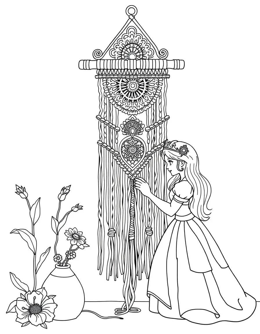 A princess making a beautiful, intricate macrame wall hanging.