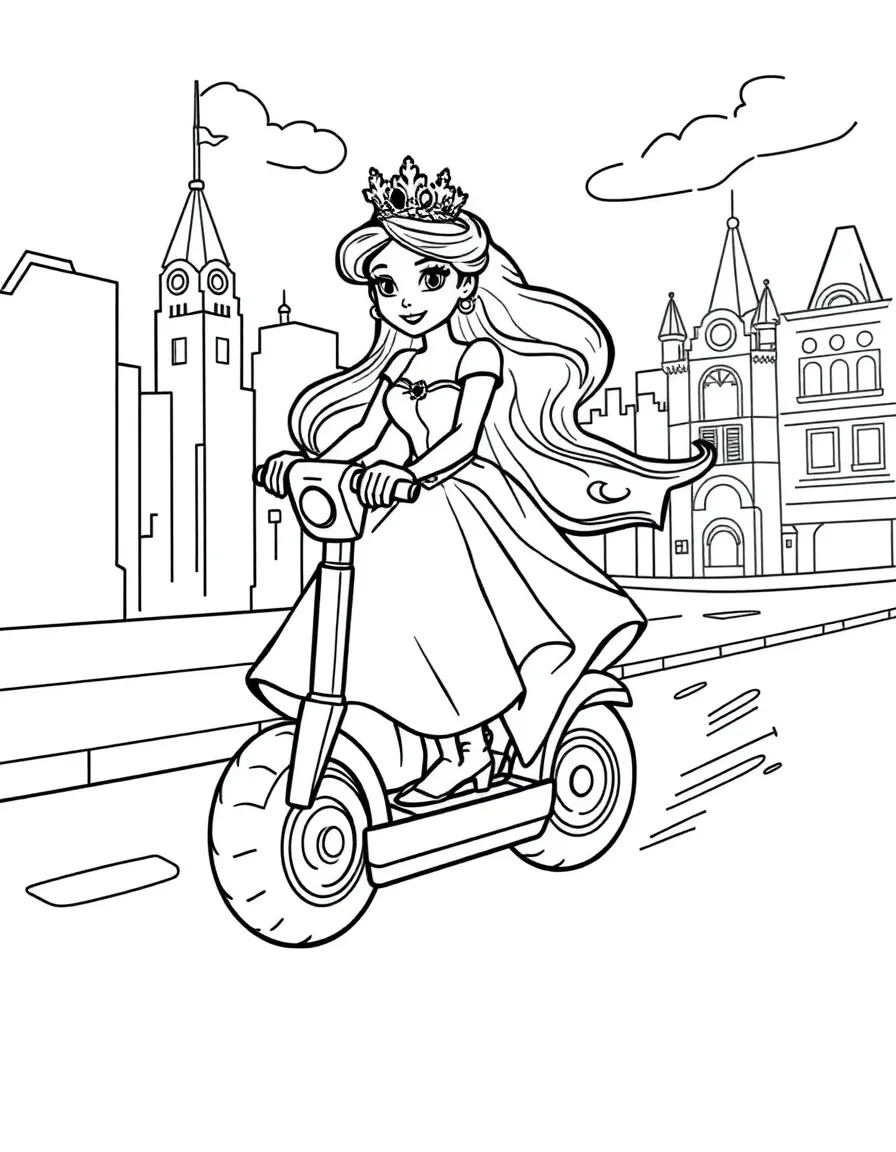 A princess on a magical segway, zipping through a city.