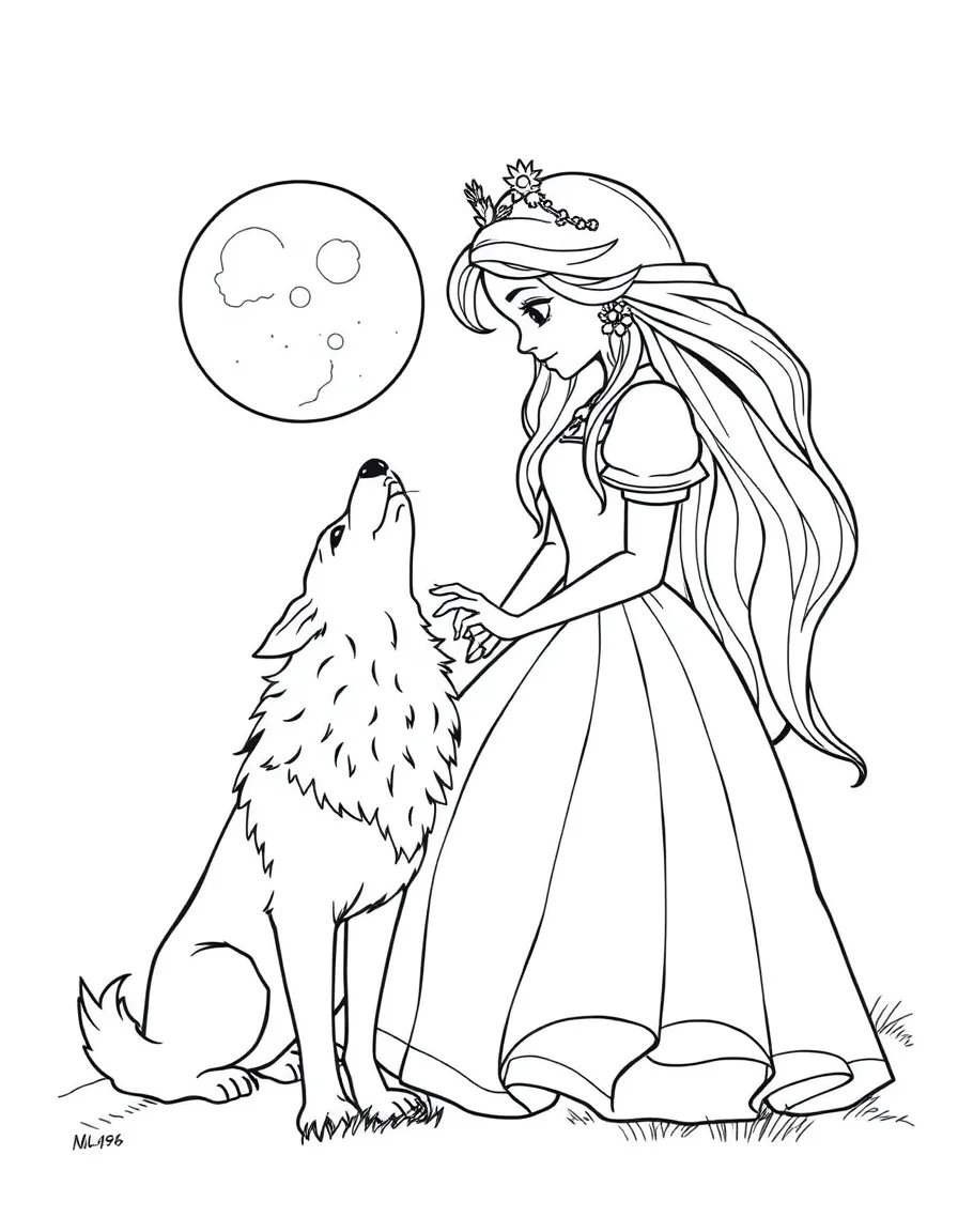 A princess with a pet loyal wolf, howling at the moon.