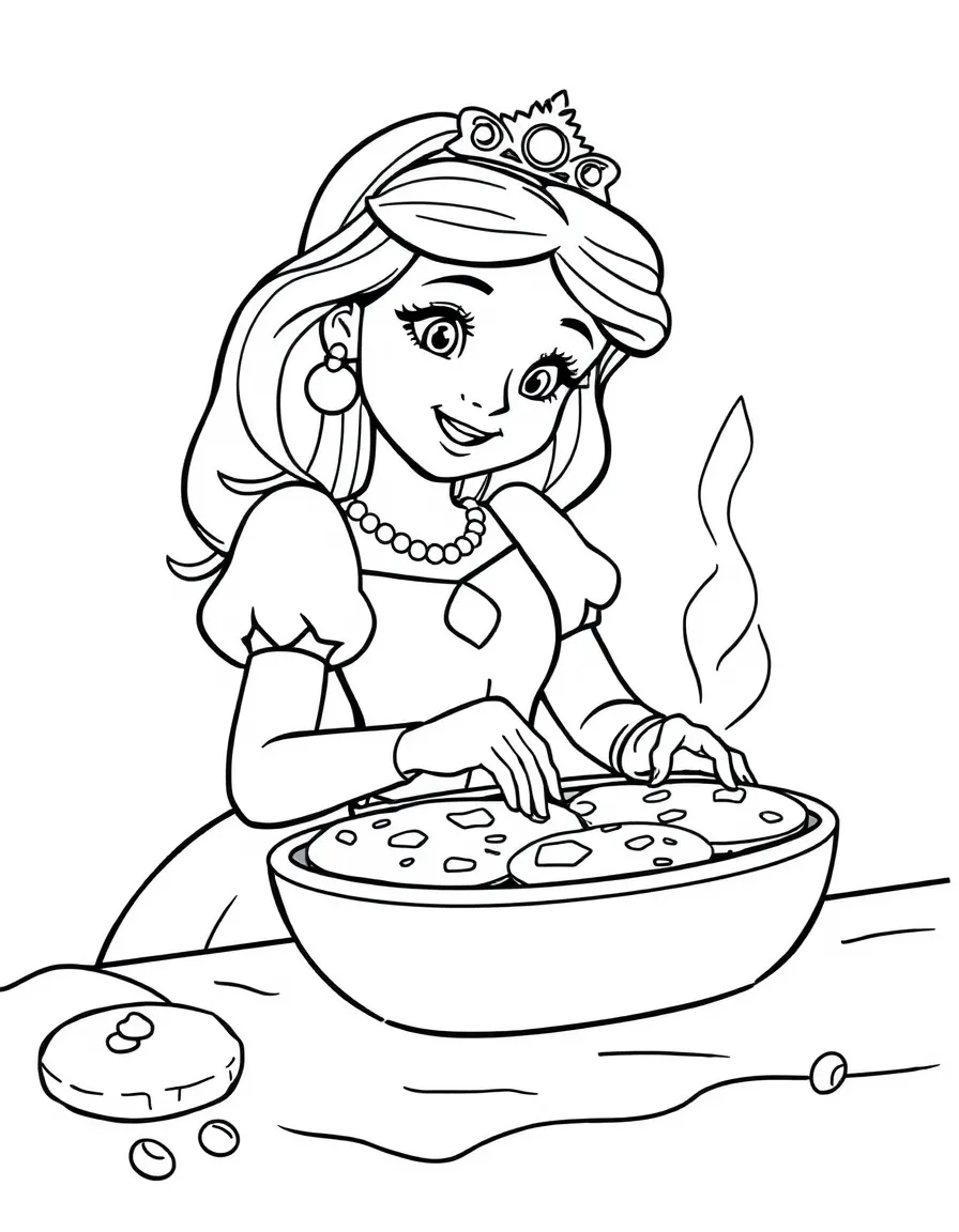 A princess making a delicious, warm batch of chocolate chip cookies.