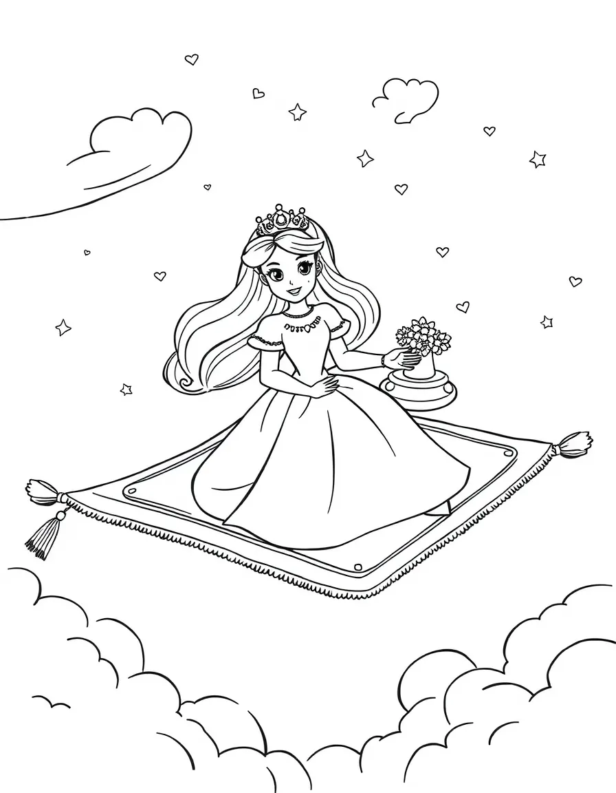 A princess on a magical flying carpet, having a picnic in the sky.