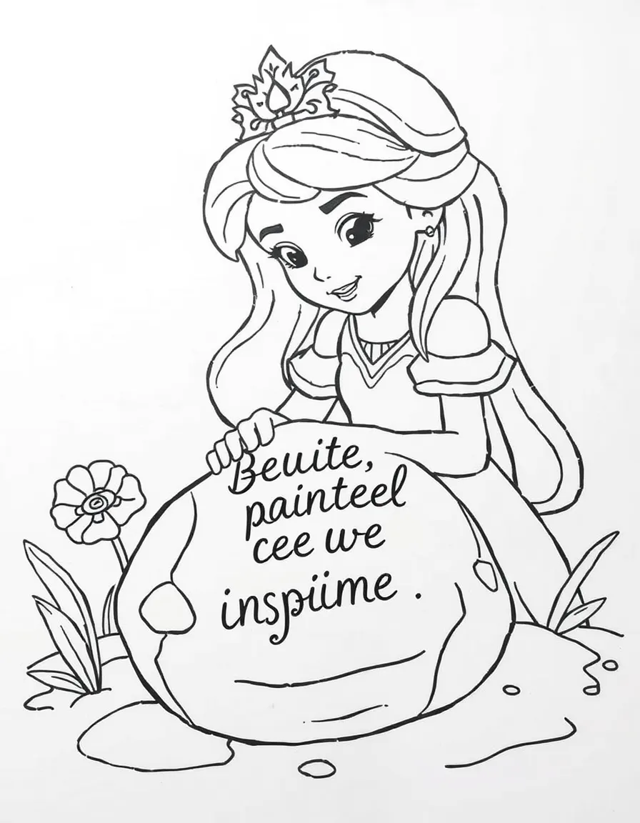 A princess making a beautiful, painted rock with an inspiring message.
