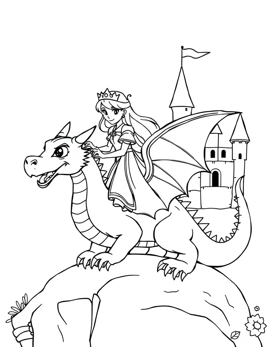 A princess on a friendly dragon, guarding her castle.