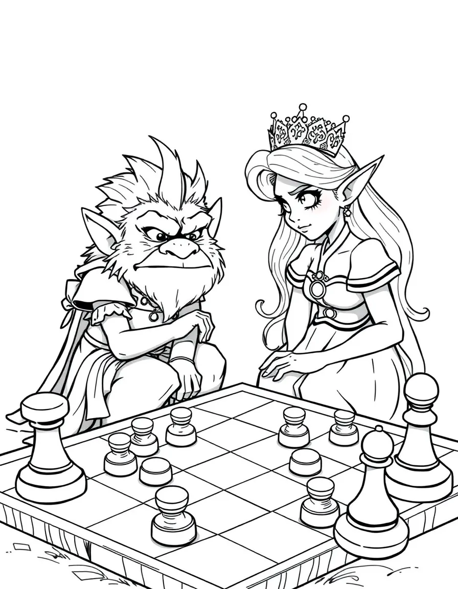 A princess playing a game of giant checkers with a grumpy troll.