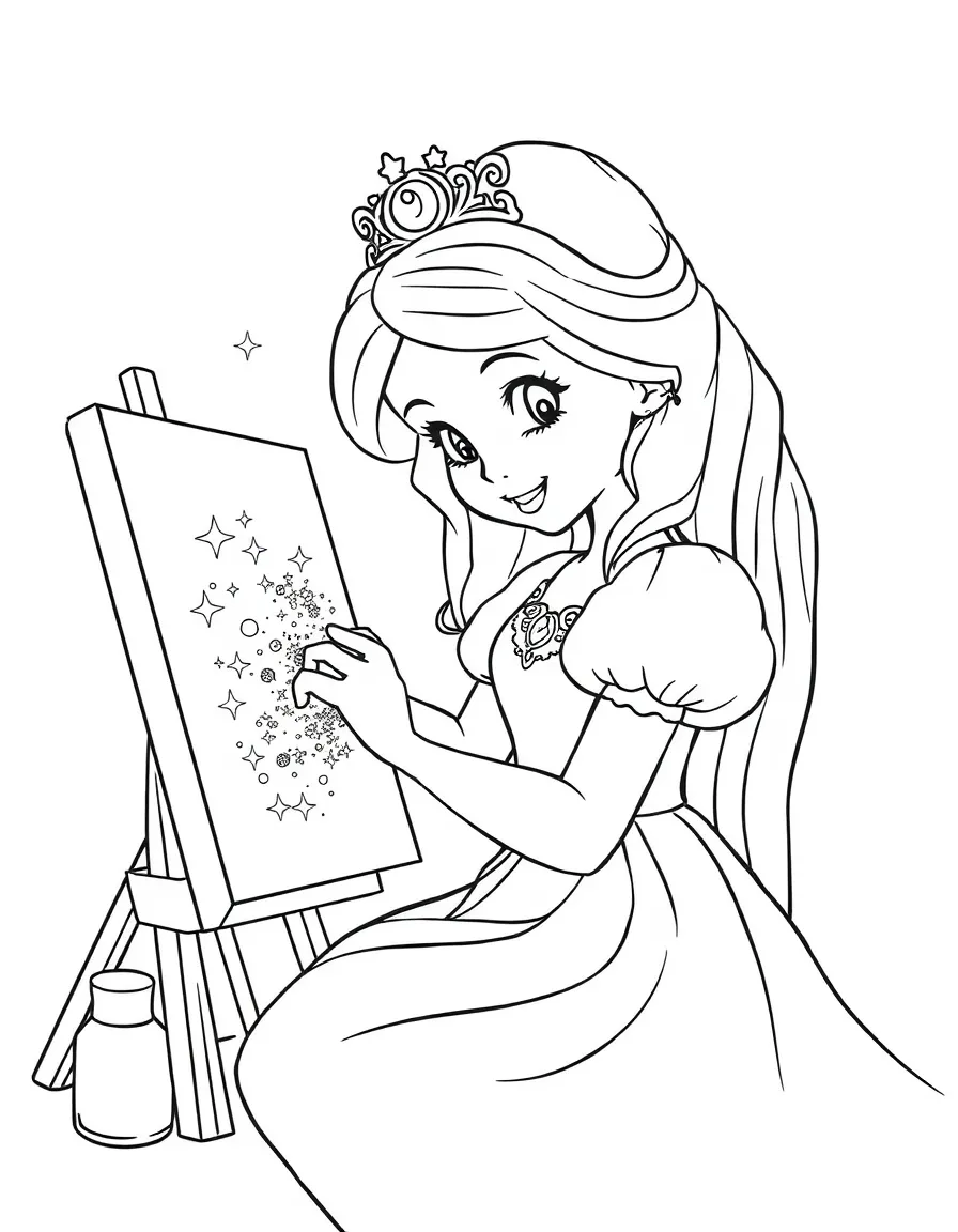 A princess making a beautiful, sparkly glitter painting.