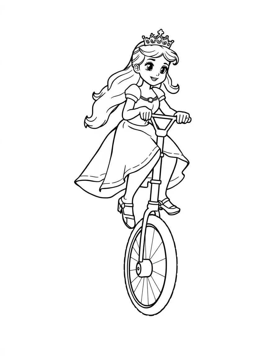 A princess on a magical unicycle, performing stunts.