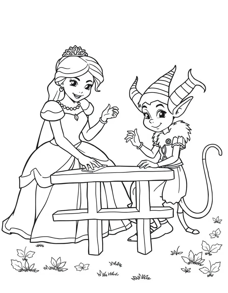 A princess playing a game of giant tic-tac-toe with a mischievous imp.