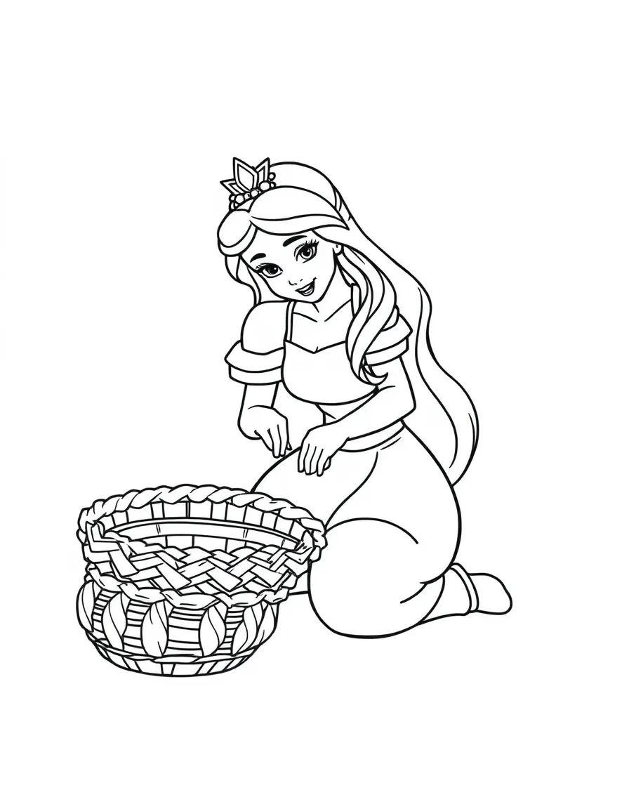 A princess making a beautiful, woven basket.