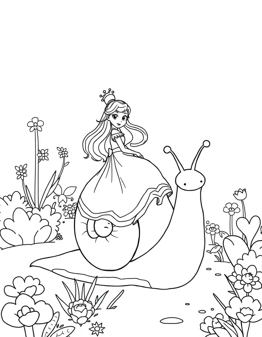 A princess on a friendly giant snail, slowly exploring a garden.
