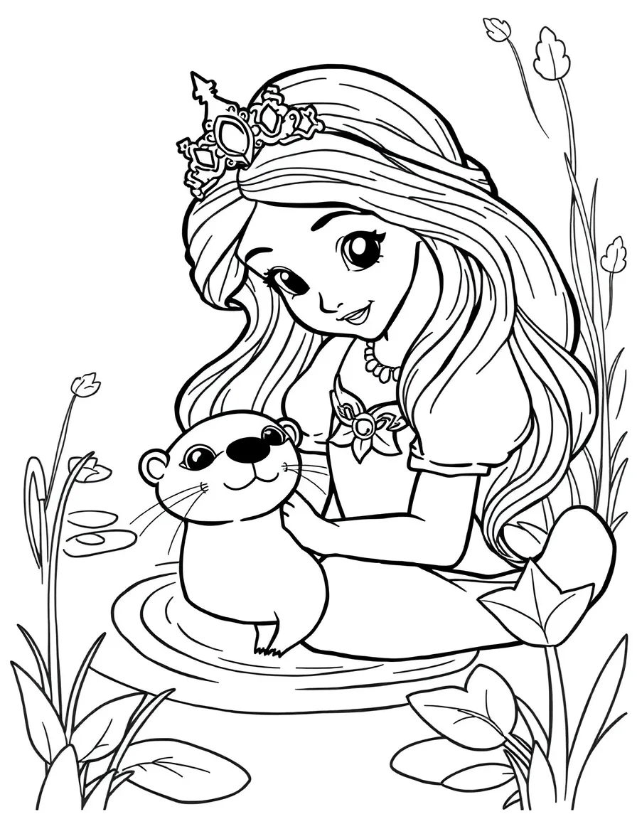 A princess with a pet curious otter, swimming in a pond.
