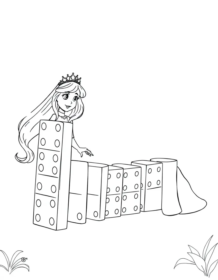 A princess playing a game of giant dominoes, creating a long chain.