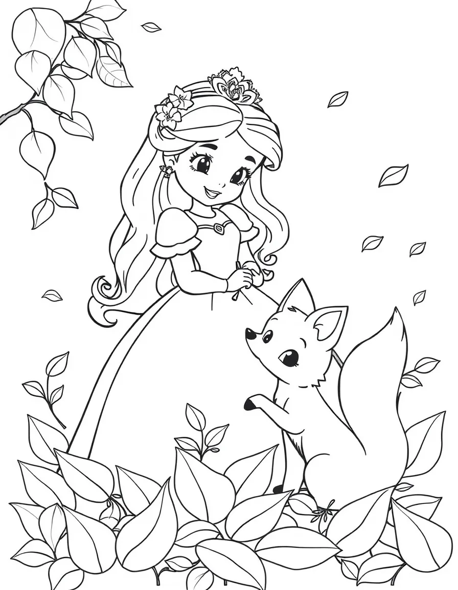 A princess with a pet baby fox, playing in the leaves.