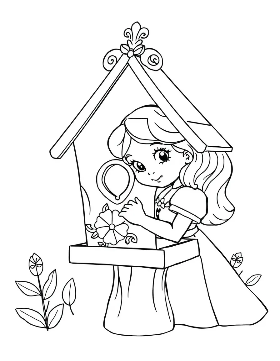 A princess making a beautiful, painted wooden birdhouse.