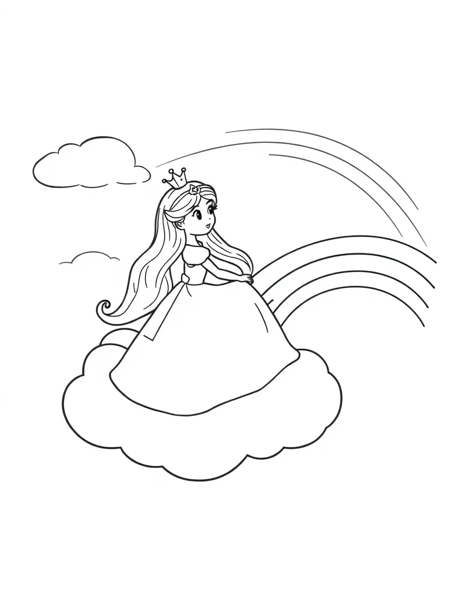 A princess on a friendly cloud, looking at a rainbow.