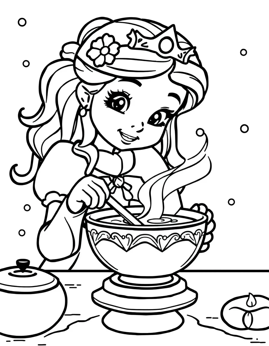 A princess making a delicious, warm bowl of soup on a cold day.